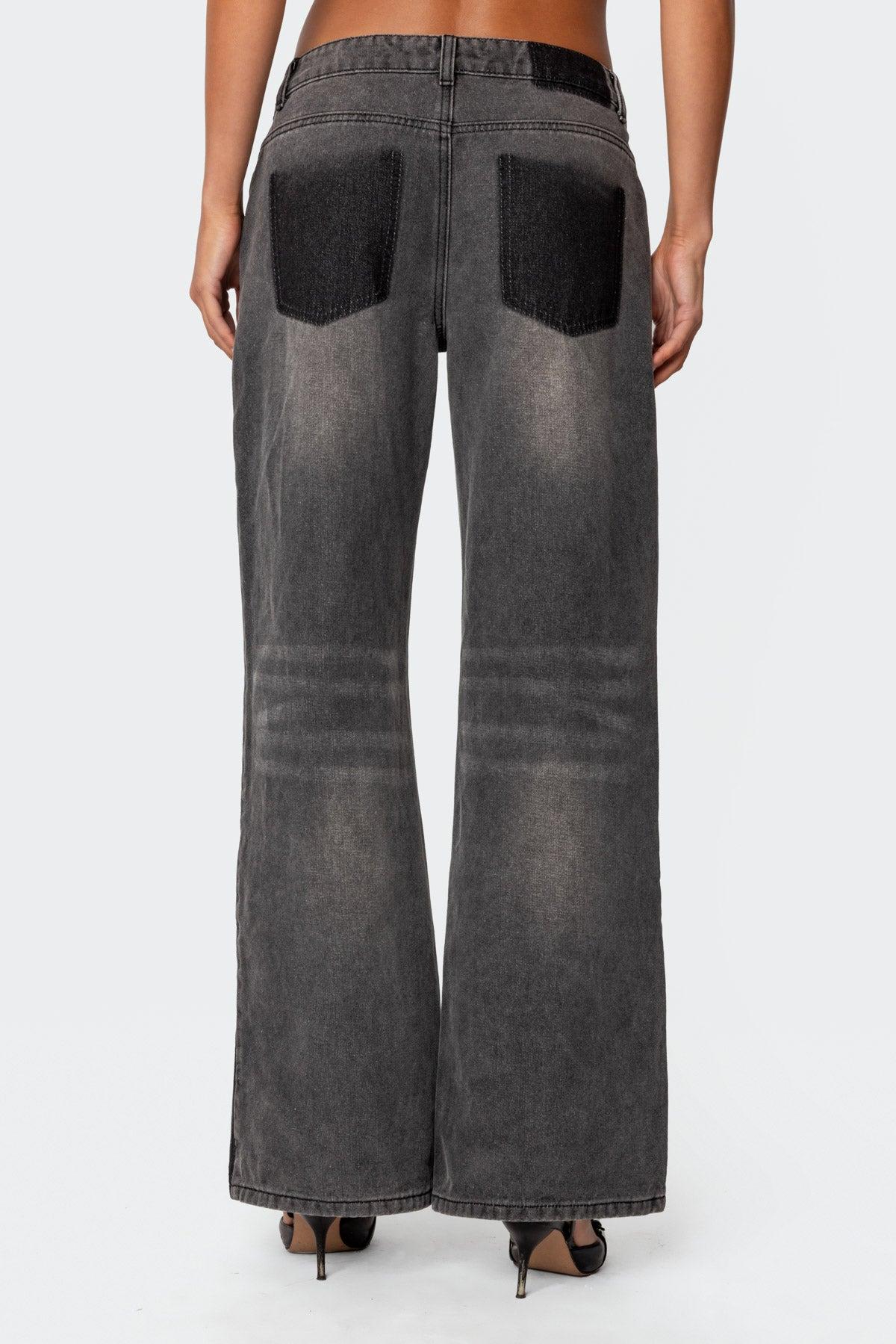 Contrast Pocket Washed Low Rise Baggy Jeans Product Image