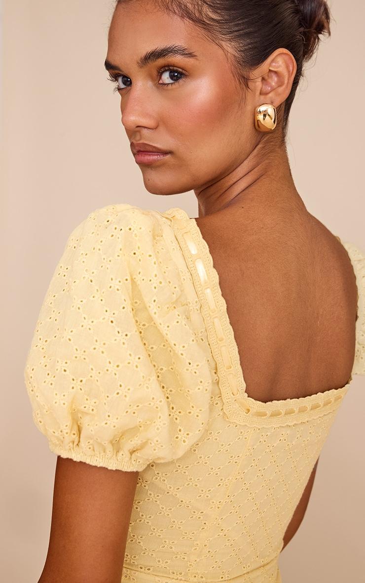 Yellow Broderie Puff Sleeve A-line Mini Dress Product Image