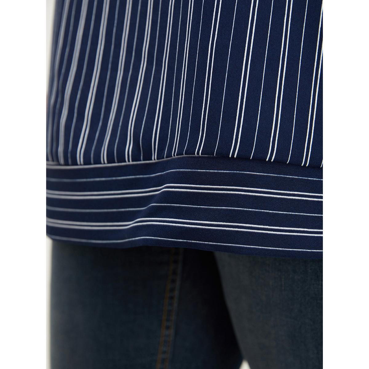 Plus Size DarkBlue Striped Print Asymmetrical Neck Blouse Women Office Short sleeve Asymmetrical Neck Work Blouses BloomChic 26/4X Product Image