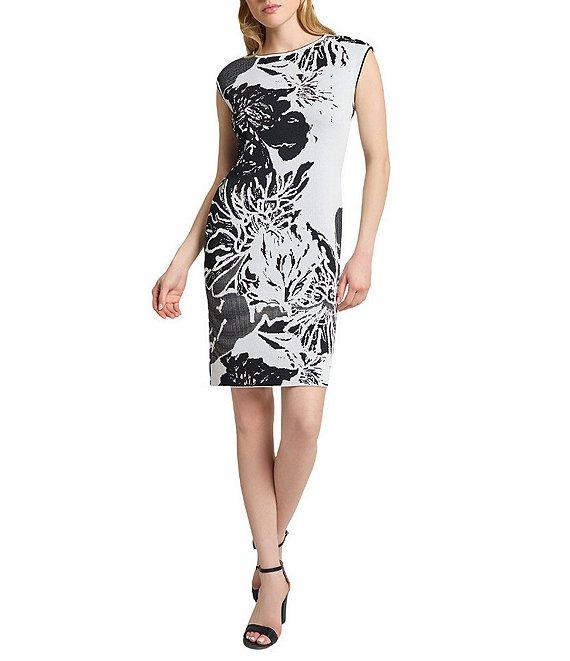 Ming Wang Floral Jacquard Knit Open Front Bracelet Sleeve Cardigan Product Image