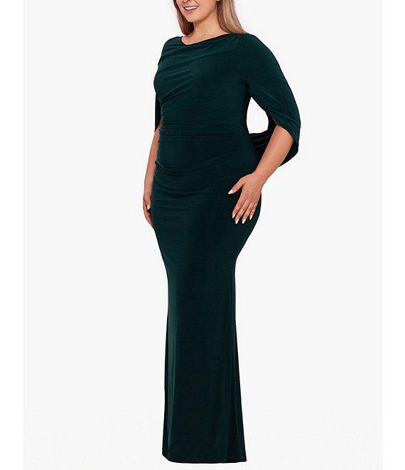 Betsy & Adam Plus Size Boat Neck 3/4 Drape Sleeve Gown Product Image