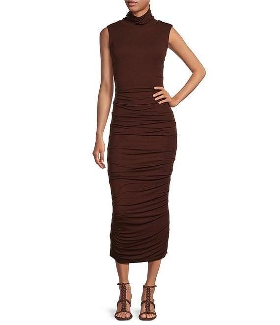Every Ruched Knit Mock Neck Sleeveless Bodycon Midi Dress Product Image