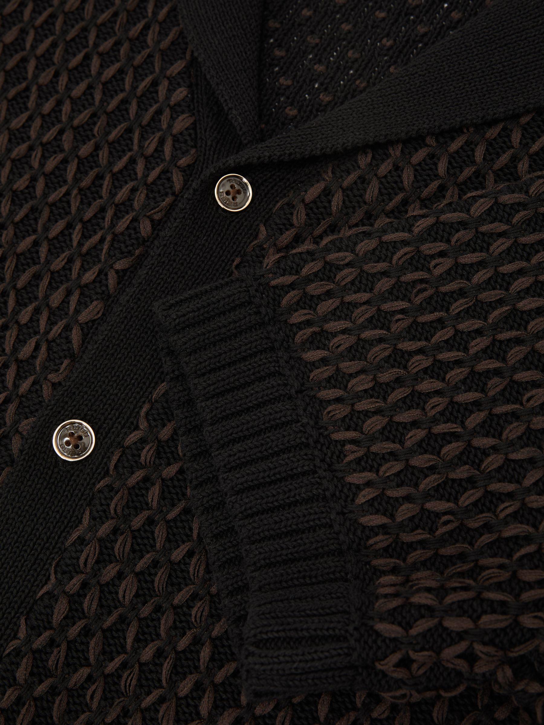 Cotton-Blend Stitch-Detail Knitted Shirt in Black/Chocolate Brown Product Image