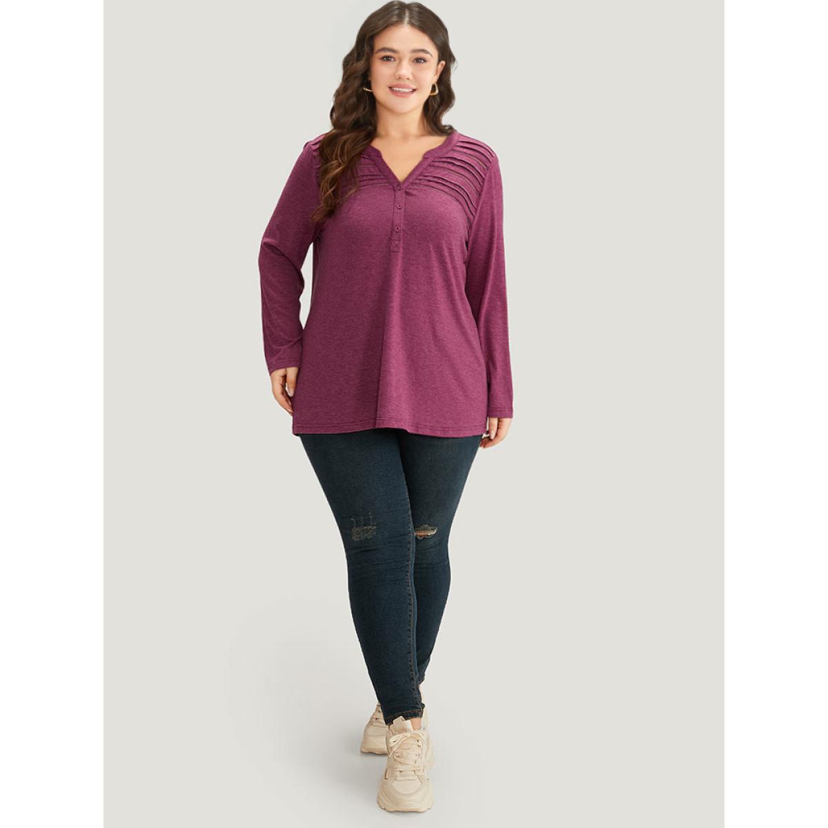 Plus Size Notched Pleated Button Up T-shirt RedViolet Women Casual Plain Plain Notched collar Dailywear T-shirts BloomChic 28/5X Product Image