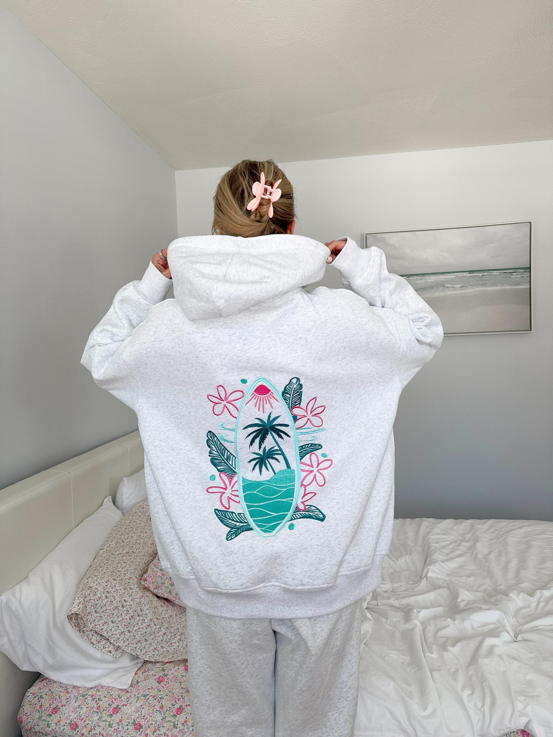Pearl Grey Surfing The Waves Embroider Hoodie Product Image