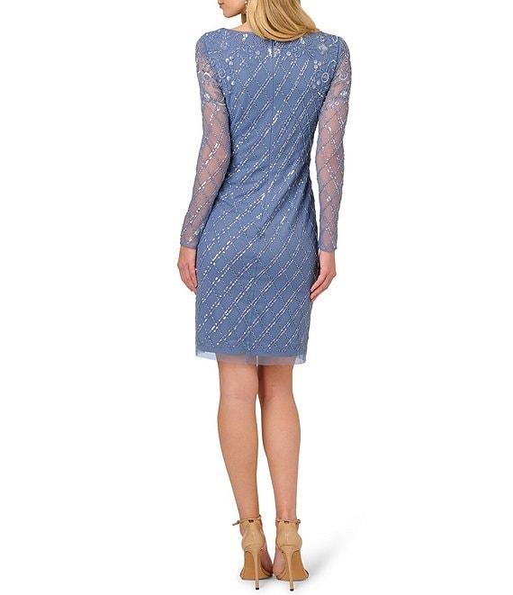Adrianna Papell Boat Neck Illusion Long Sleeve Beaded Sheath Dress Product Image