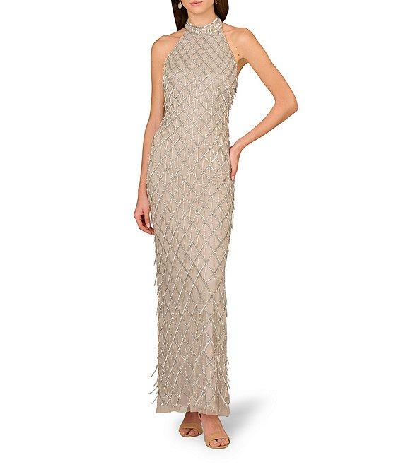 Aidan Mattox Beaded Mesh Halter Neck Sleeveless Column Dress Product Image