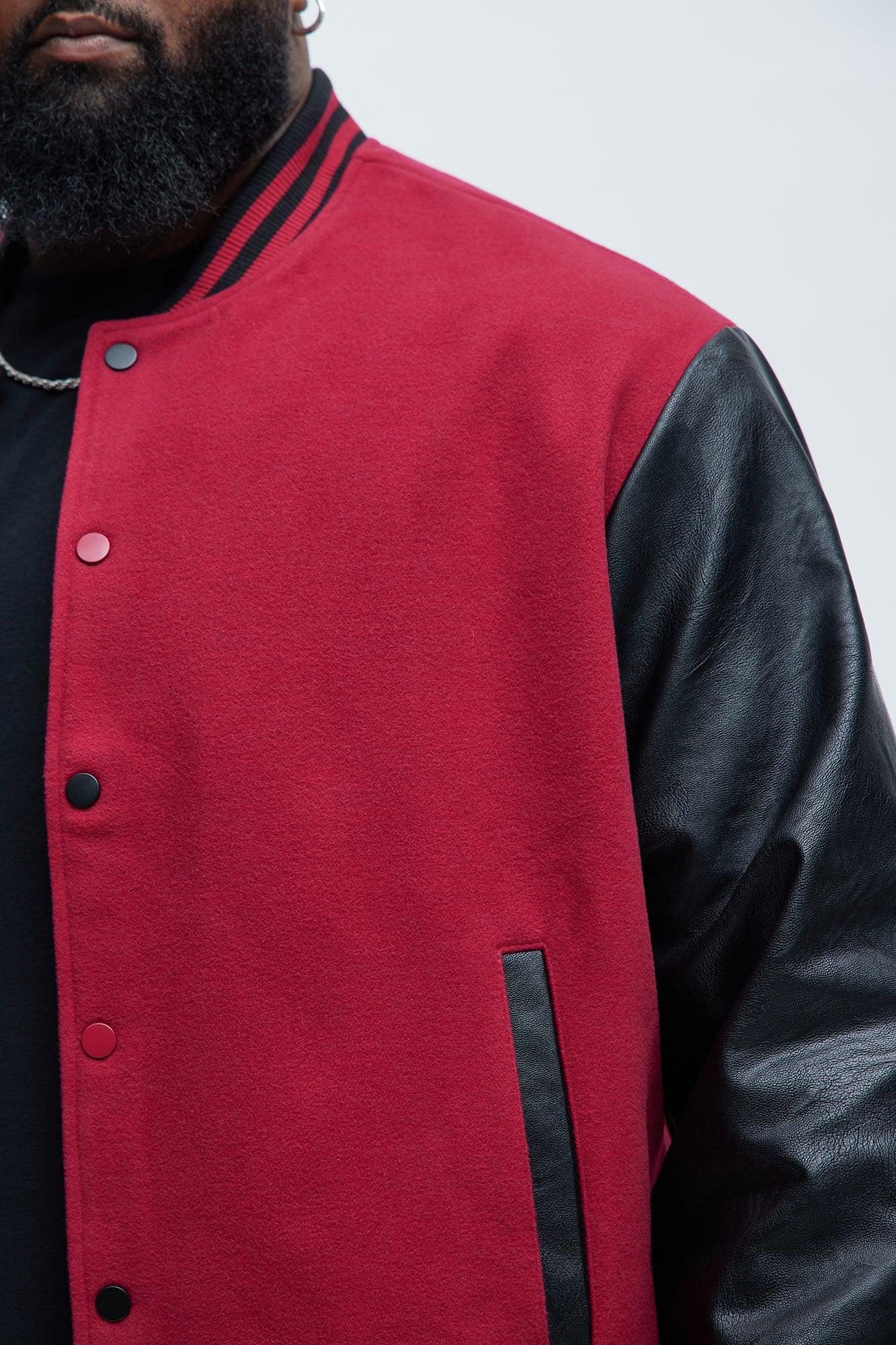 For The Books Faux Leather Sleeves Colorblock Varsity Jacket - Black/Red Product Image
