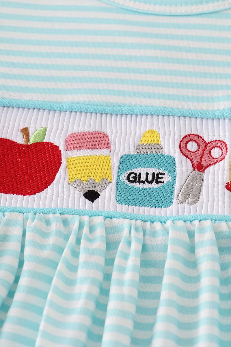 Blue apple pencil bus embroidery smocked shorts set Product Image