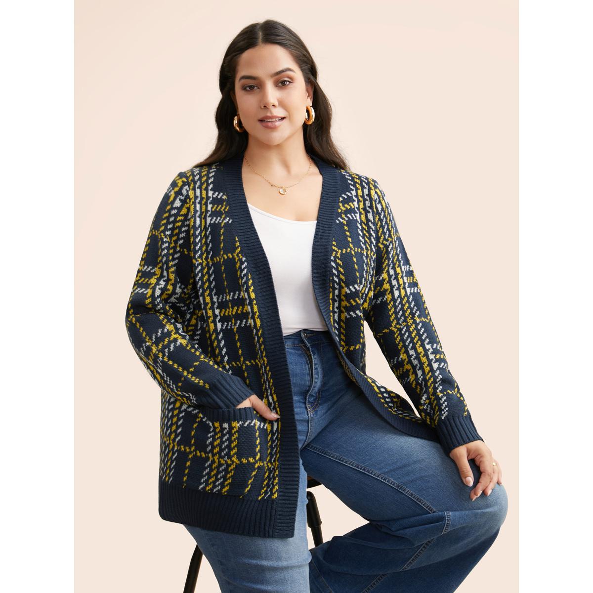 Plus Size Kimono Collar Plaid Pocket Cardigan Indigo Women Casual Loose Long Sleeve Everyday Cardigans BloomChic 14-16/1X Product Image
