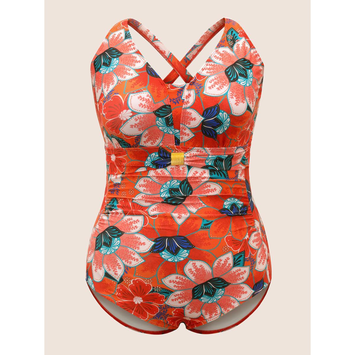 Plus Size Floral Ruched Crisscross Buckle Detail One Piece Swimsuit Women's Swimwear Multicolor Beach Gathered Curve Bathing Suits High stretch One Pieces BloomChic 26/4X Product Image