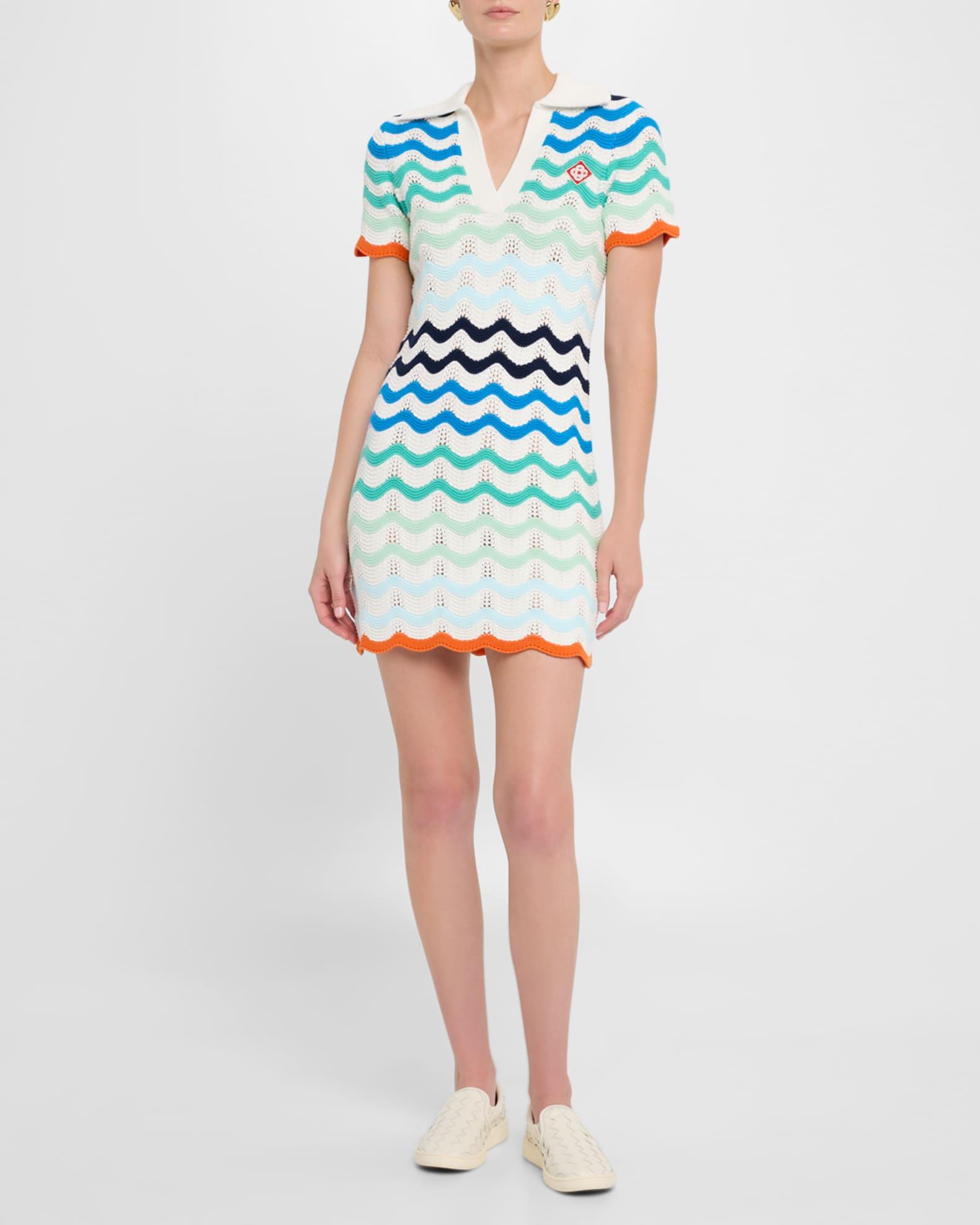 Wavy Crochet Knit Mini Polo Dress Product Image