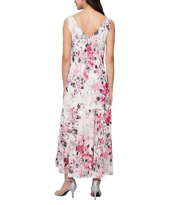 Alex Evenings Chiffon Floral Print High-Low Hem Slip Midi Dress Product Image