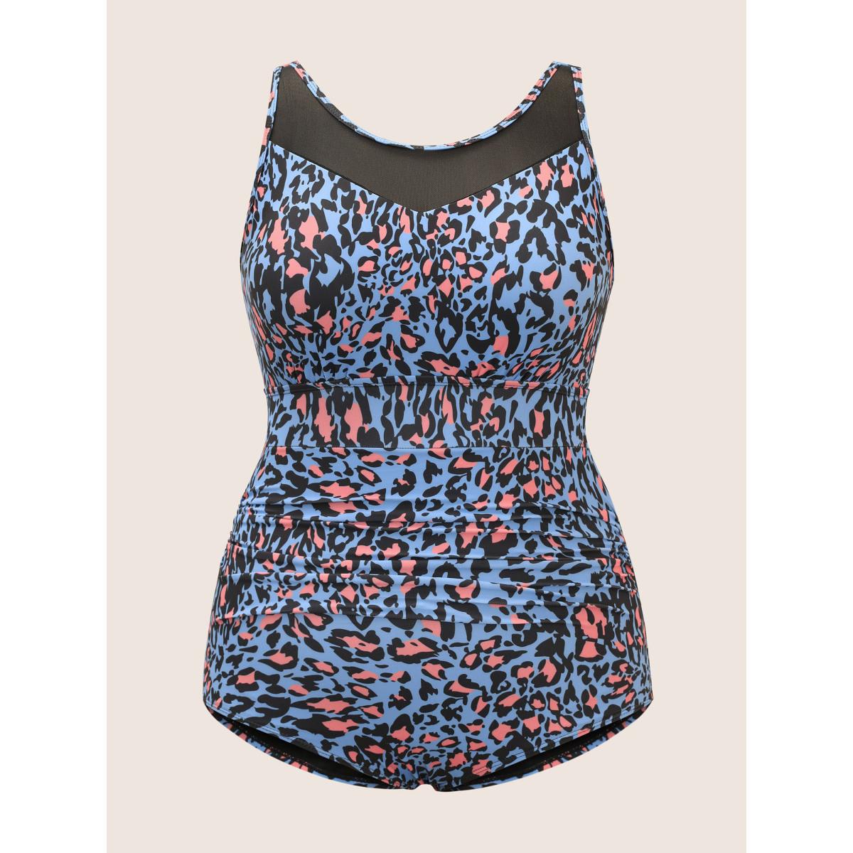 Plus Size Leopard Print Gathered See Through One Piece Swimsuit Women's Swimwear Cerulean Beach Gathered Curve Bathing Suits High stretch One Pieces BloomChic 22-24/3X Product Image