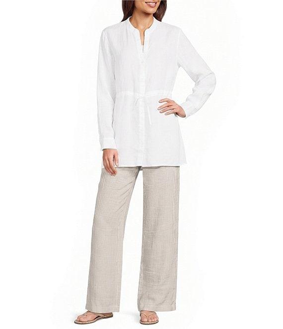 Eileen Fisher Organic Handkerchief Linen Split V-Neck Long Sleeve Cinched Waist Shirt Product Image