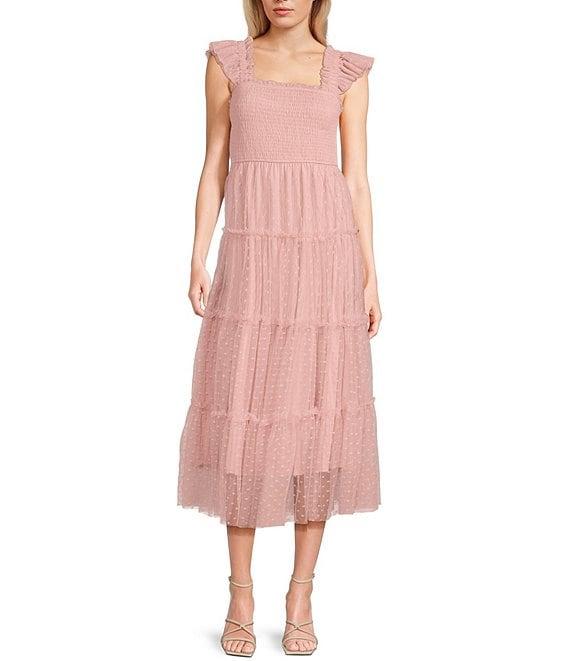 Blu Pepper Lace Square Neck Sleeveless Tiered Midi Dress Product Image