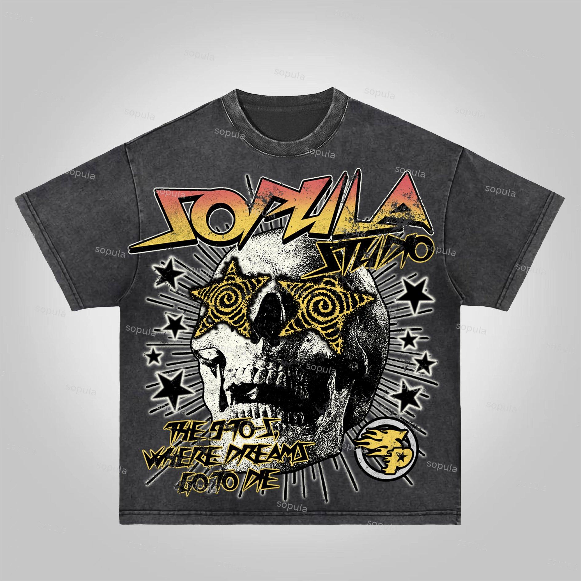 Sopula The 9-To-5, Where Dreams Go To Die Vintage Skull Graphics Acid Washed T-Shirt Product Image