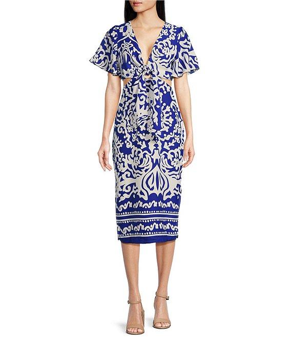 Sugarlips Joelle Mixed Print V-Neck Short Sleeve Front Tie Midi Dress Product Image