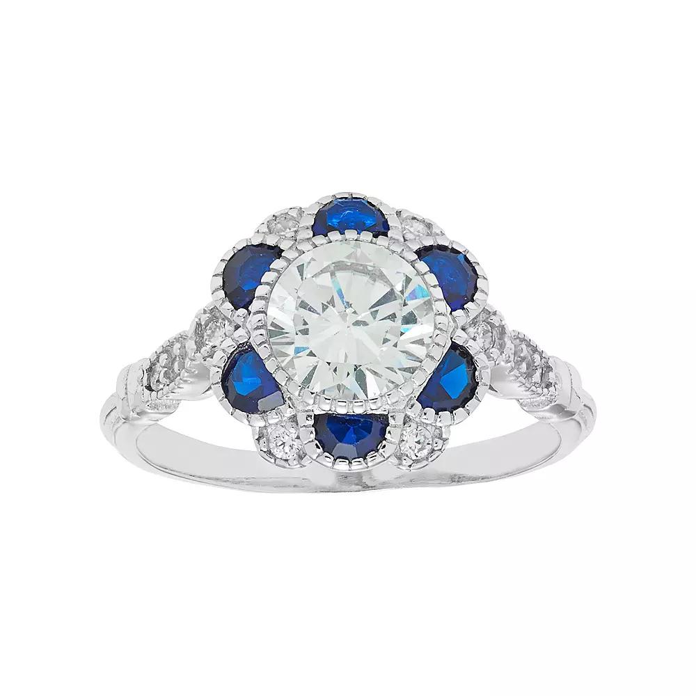 Sterling Silver Cubic Zirconia & Lab-Created Blue Spinel Flower Ring, Women's, Size: 8 Product Image