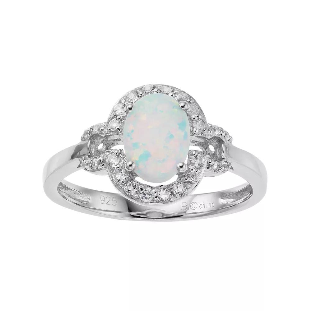 Gemminded Sterling Silver Lab-Created White Opal & White Topaz Oval Halo Ring, Women's,  Product Image