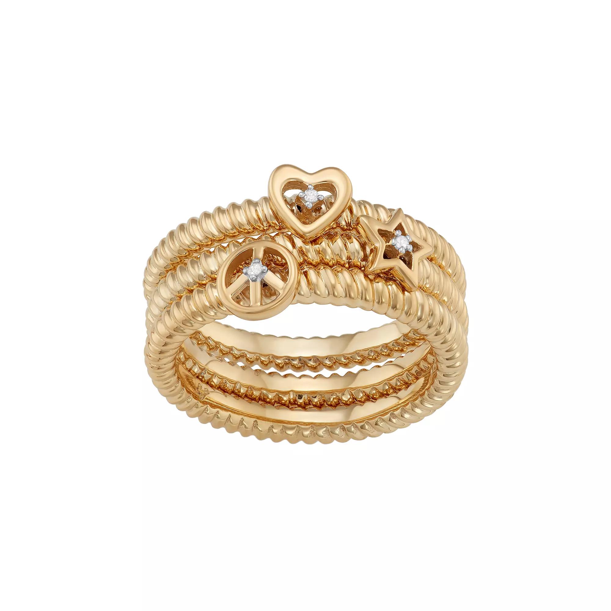 Jewelexcess Sterling Silver Diamond Accent Heart, Star & Peace Sign Stack Ring Set, Women's, Size: 6, Silver Tone Product Image