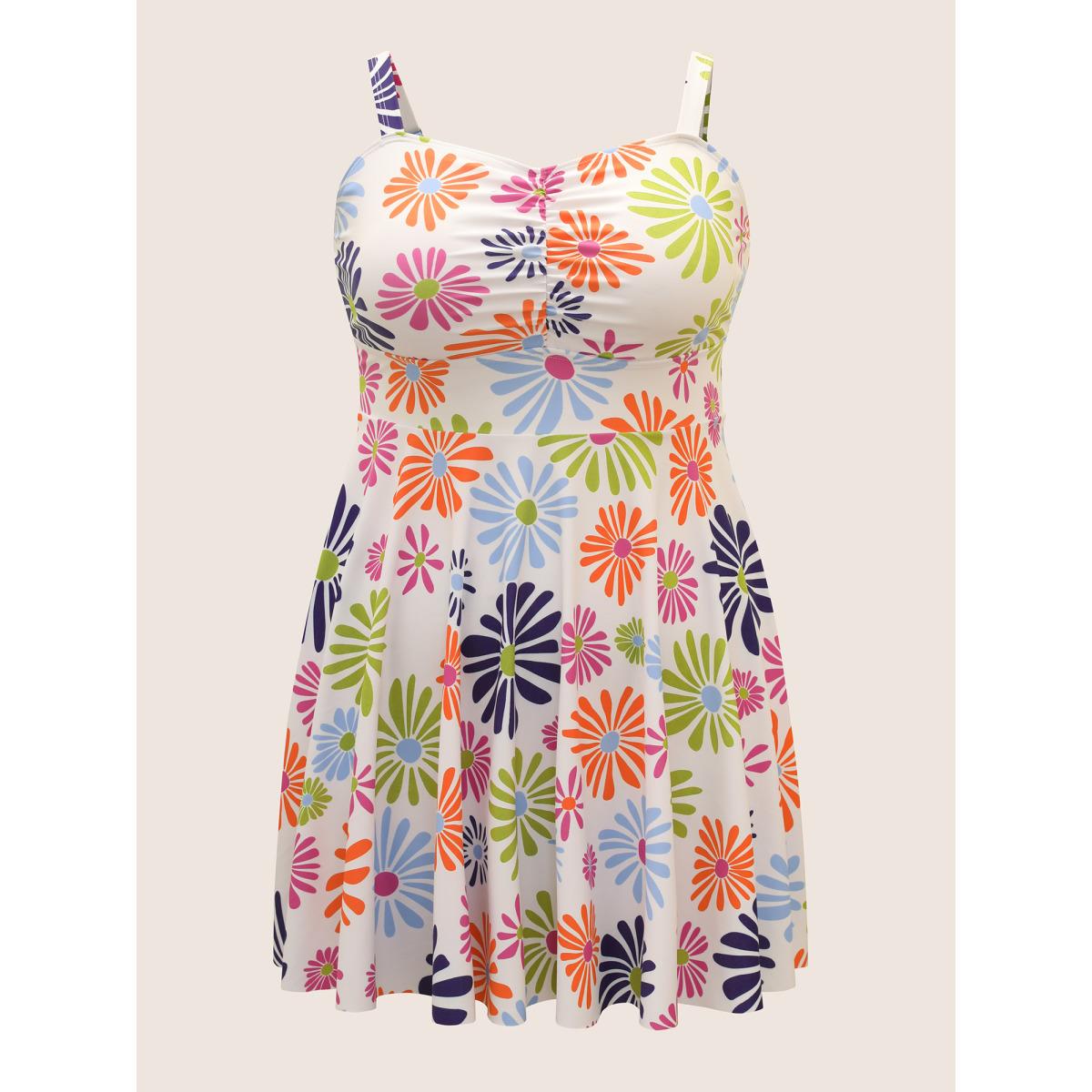 Plus Size Floral Heart Neckline Ruched Swim Dress Women's Swimwear Originalwhite Beach Bodycon Heart neckline High stretch Curve Swim Dresses BloomChic 12/L Product Image