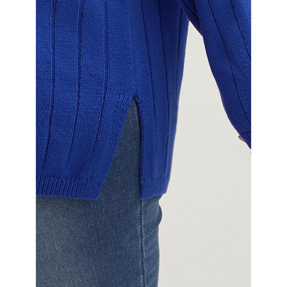 Plus Size Solid Pointelle Knit Cut Out Split Hem Rib Knit Top Aegean Women Elegant Loose Long Sleeve Dailywear Pullovers BloomChic 30/6X Product Image