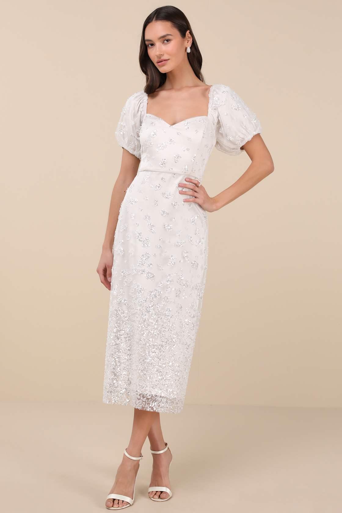 Glorious Poise Ivory Sequin Pearl Puff Sleeve Midi Dress Product Image