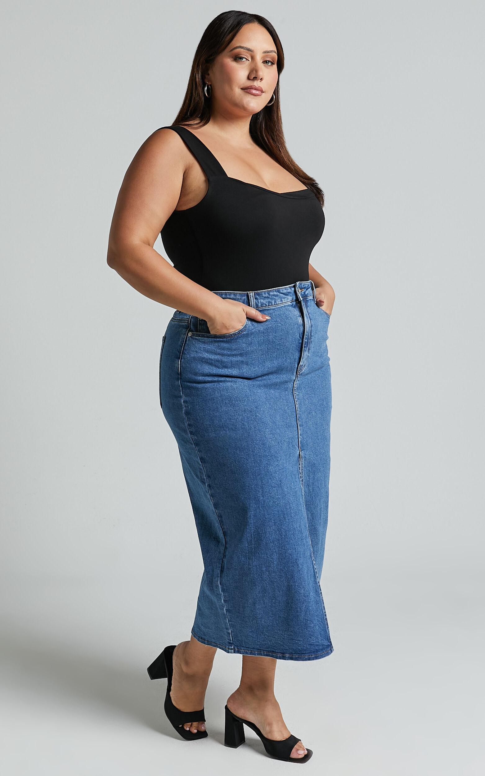 Anaya Midi Skirt - Denim Skirt in Mid Blue Wash Product Image