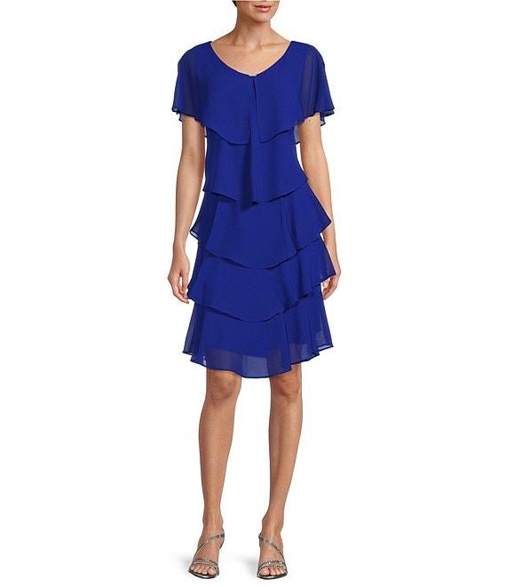 Ignite Evenings Petite Size Georgette V-Neck Short Sleeve Tiered Capelet Shift Dress Product Image