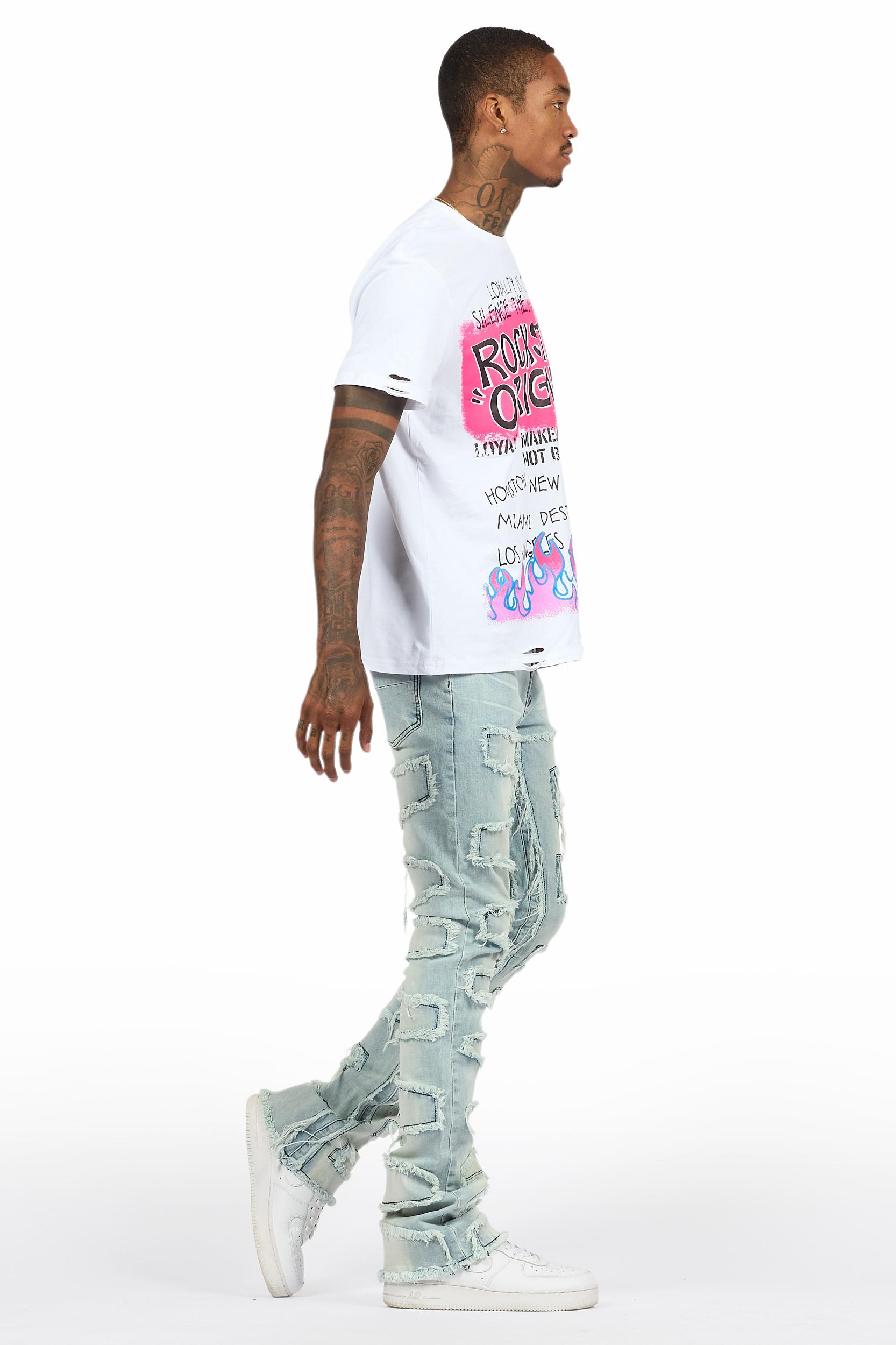 Beno White T-Shirt & Shake Blue Stacked Flare Jean Bundle Male Product Image