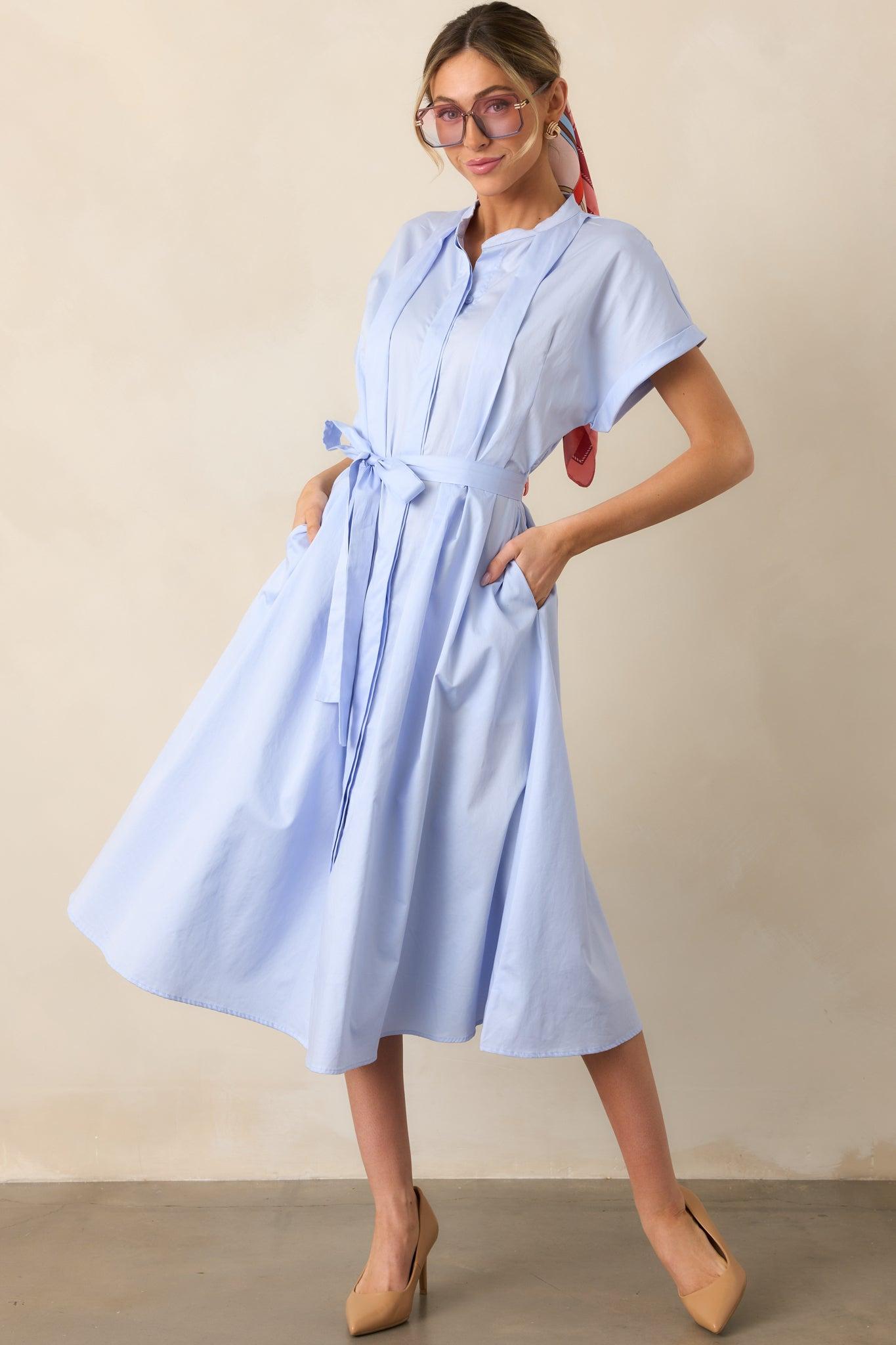 Late Nights Sky Blue Cotton Button Front Midi Dress Product Image