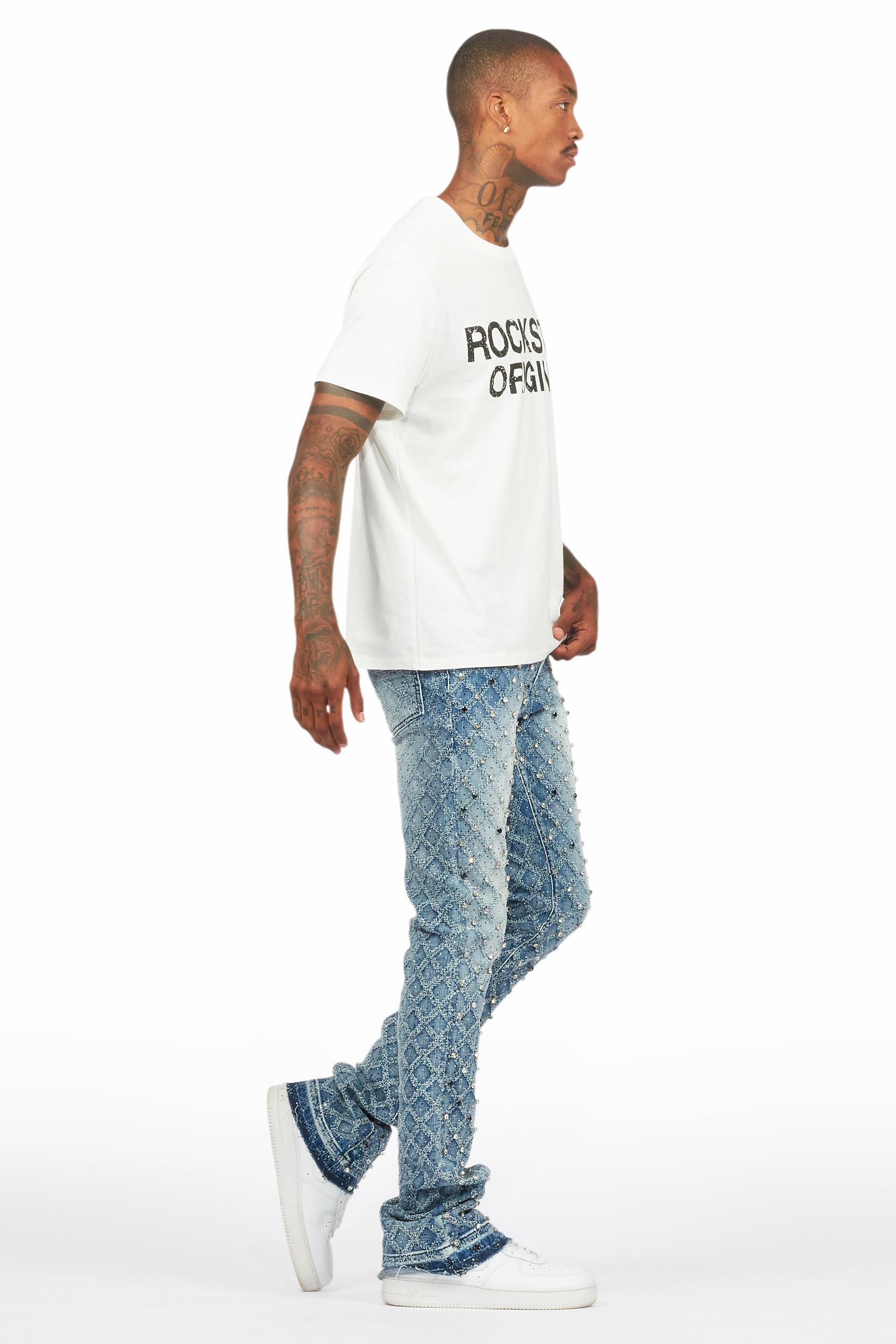 Glit Dark Blue Rhinestone Stacked Flare Jean Male Product Image