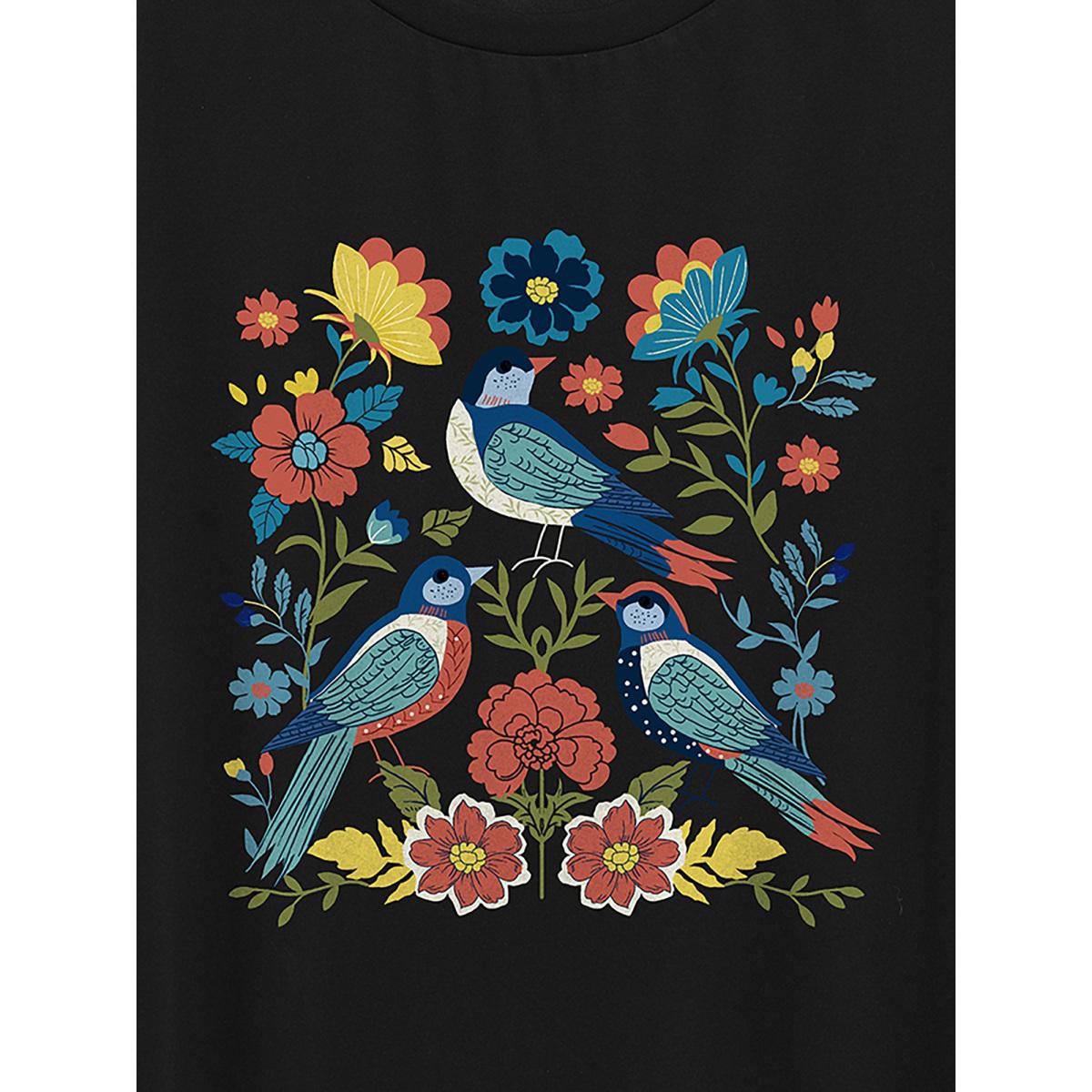 Plus Size Little Birdie Print Round Neck T-Shirt Black Women Non Natural Flowers Round Neck Everyday-Casual T-shirts BloomChic 26/4X Product Image