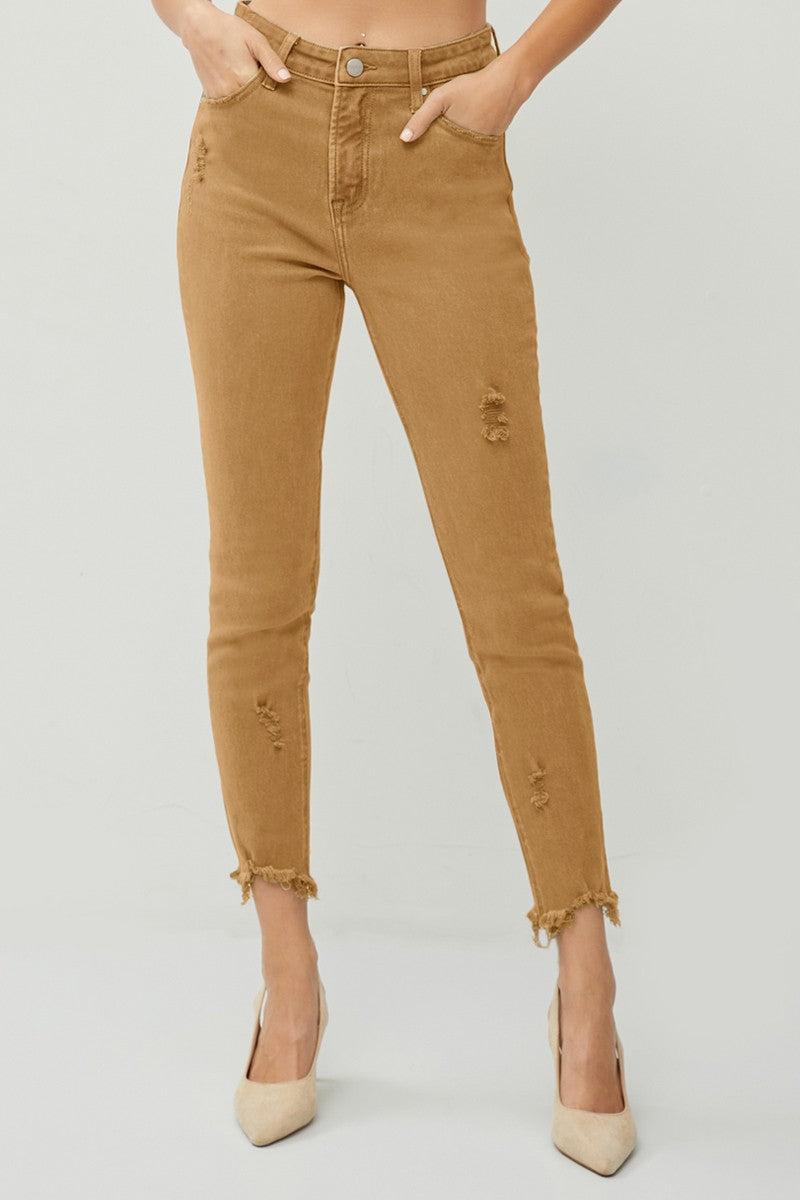 HIGH RISE FRAY HEM ANKLE SKINNY PANTS Product Image