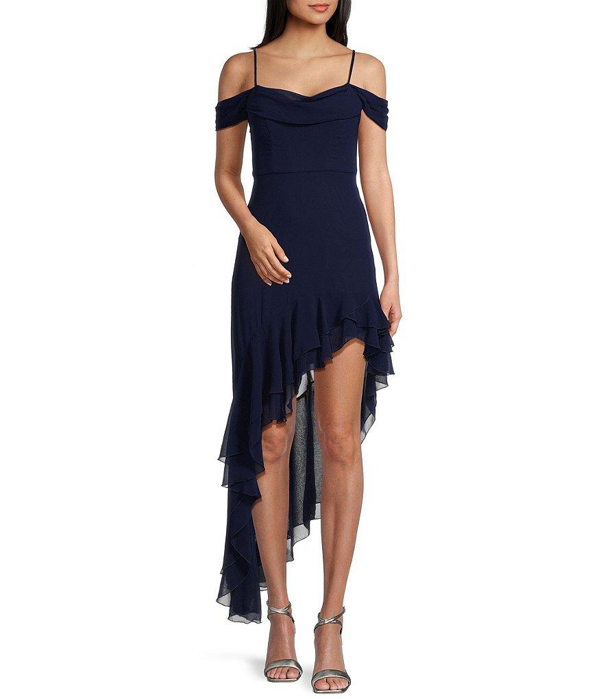 City Vibe Off The Shoulder Drape Chiffon Ruffle Hi-Lo Dress Product Image