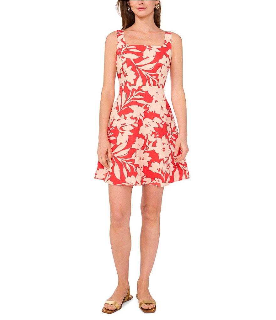 Vince Camuto Woven Square Neck Sleeveless Floral Print A-Line Dress Product Image