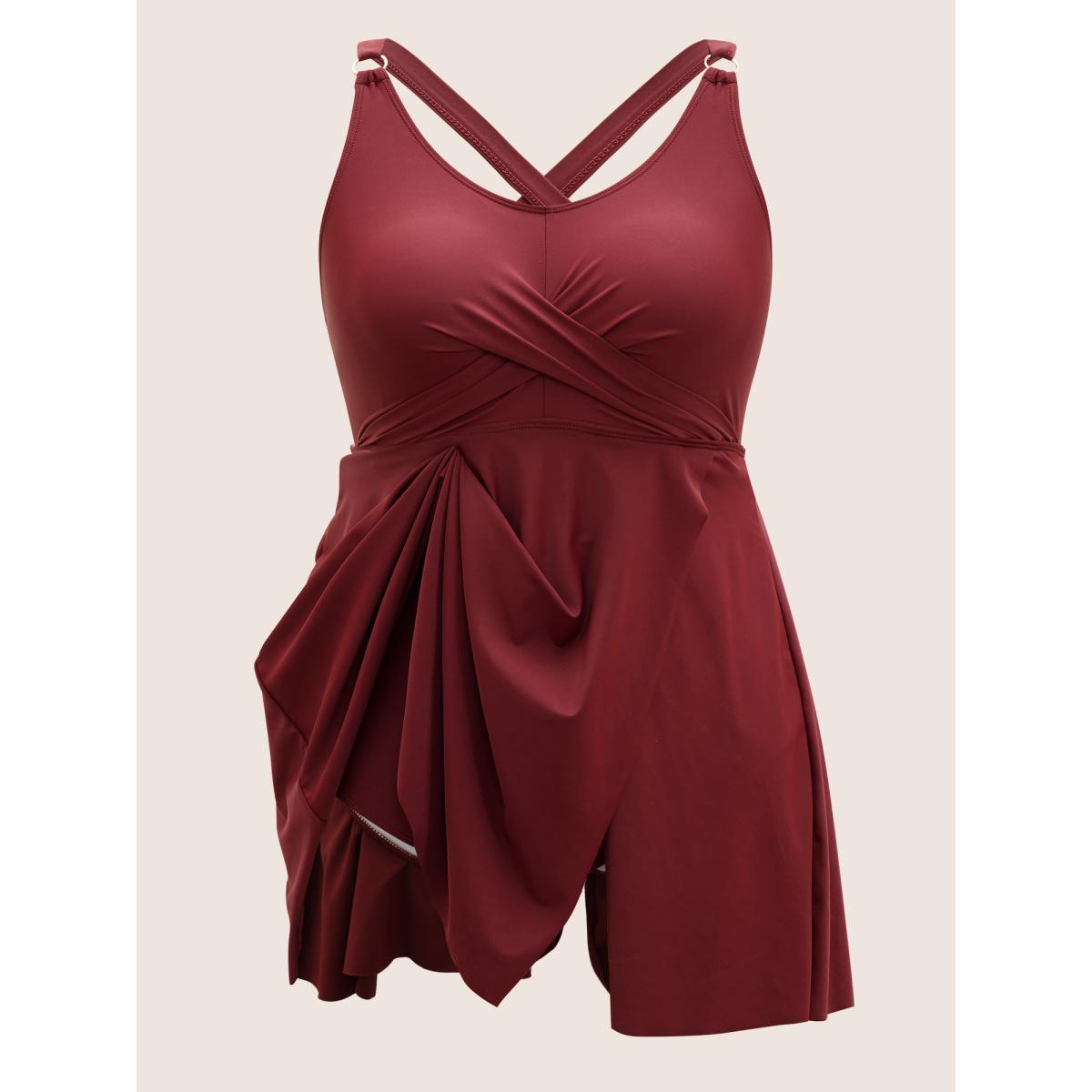 Plus Size Solid Crossover Adjustable Straps Split Hem Swim Dress Women's Swimwear Burgundy Beach Bodycon U-neck High stretch Curve Swim Dresses BloomChic 12/L Product Image