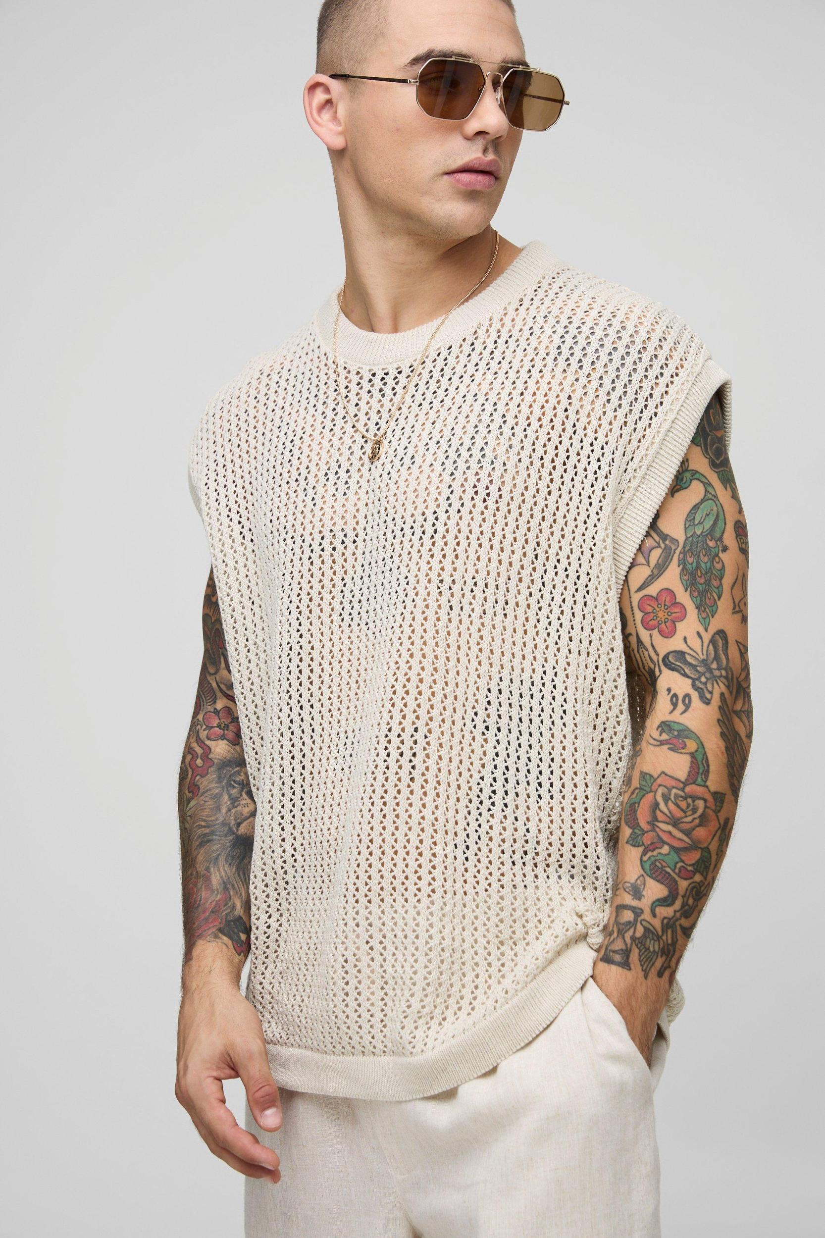 Oversized Open Stitch Knitted Tank | boohooMAN USA Product Image