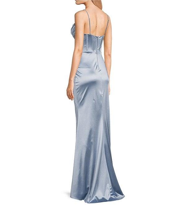 B. Darlin Cowl Neck Spaghetti Strap Corset Side Ruched Lace Up Back Front Slit Dress Product Image