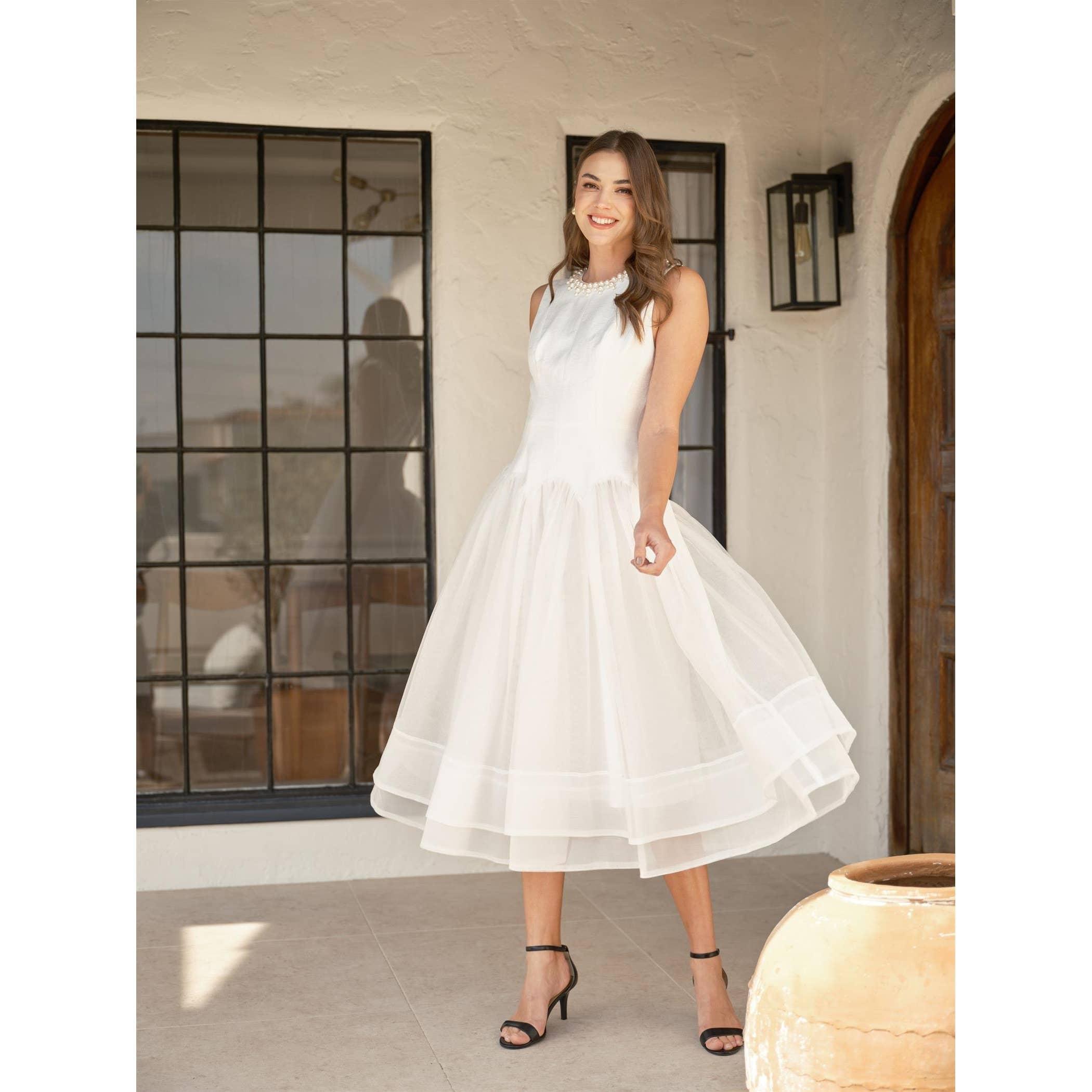 Pearl Embellished Tulle Midi Dress Product Image