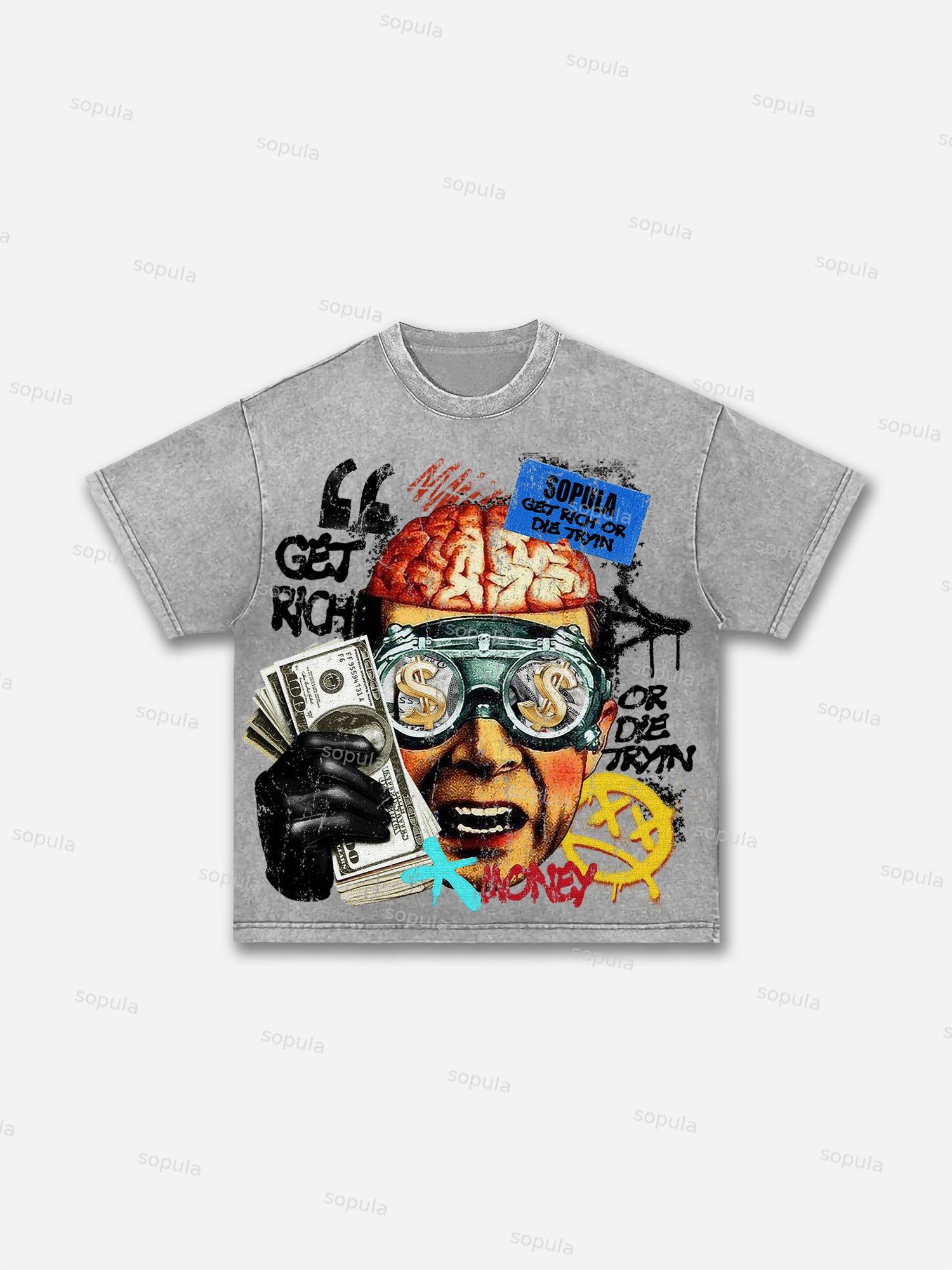 Get Rich Money Portrait Print Acid Wash T-shirt Product Image