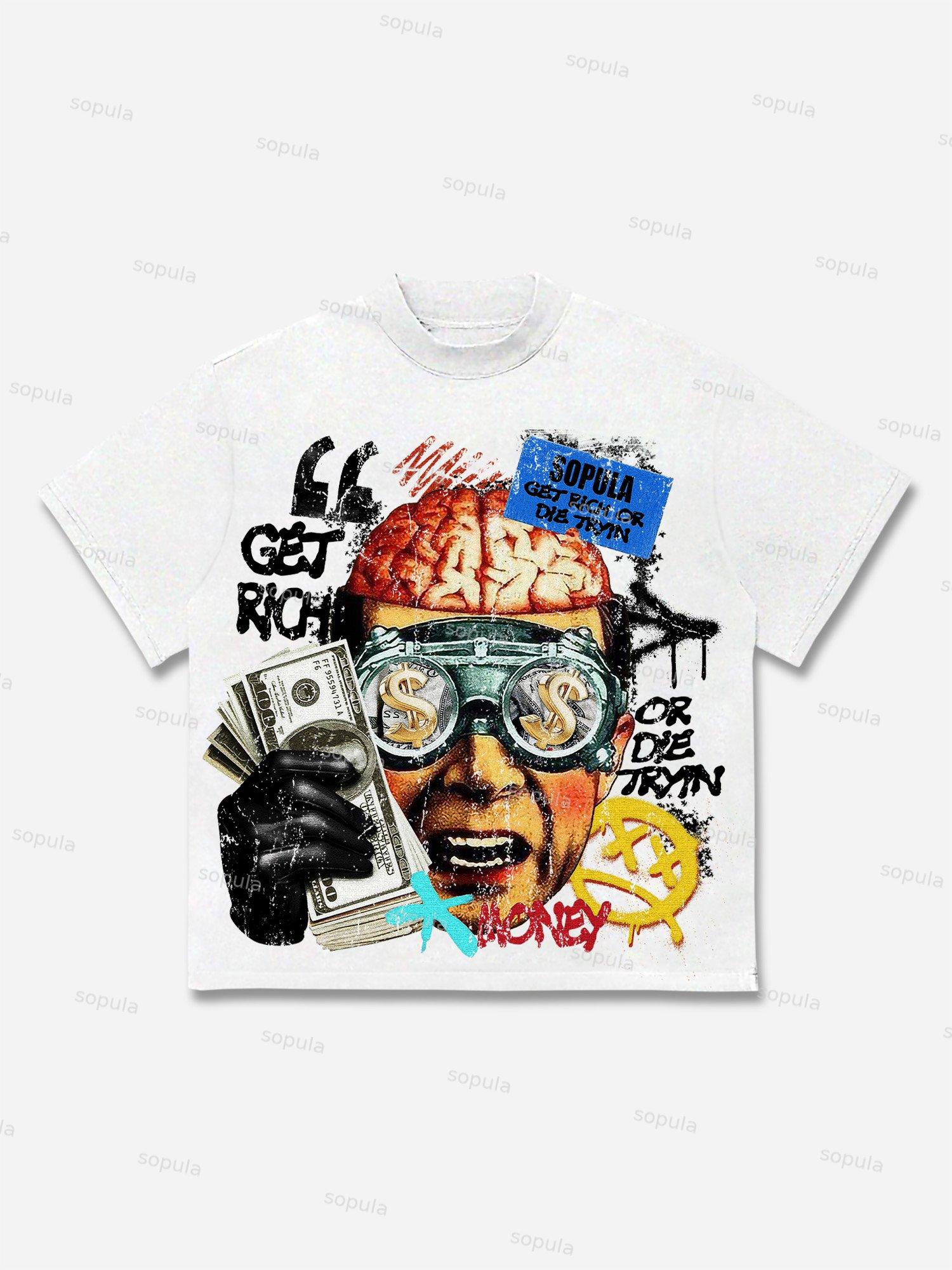Vintage Get Rich Money Portrait Print Cotton T-shirt Product Image