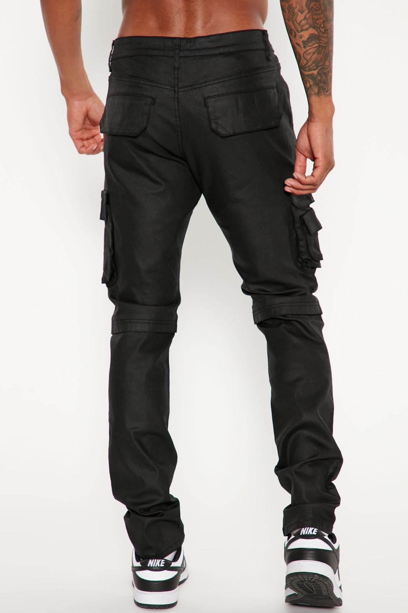 Flap Pockets Waxed Stacked Skinny Cargo Jeans - Black Product Image
