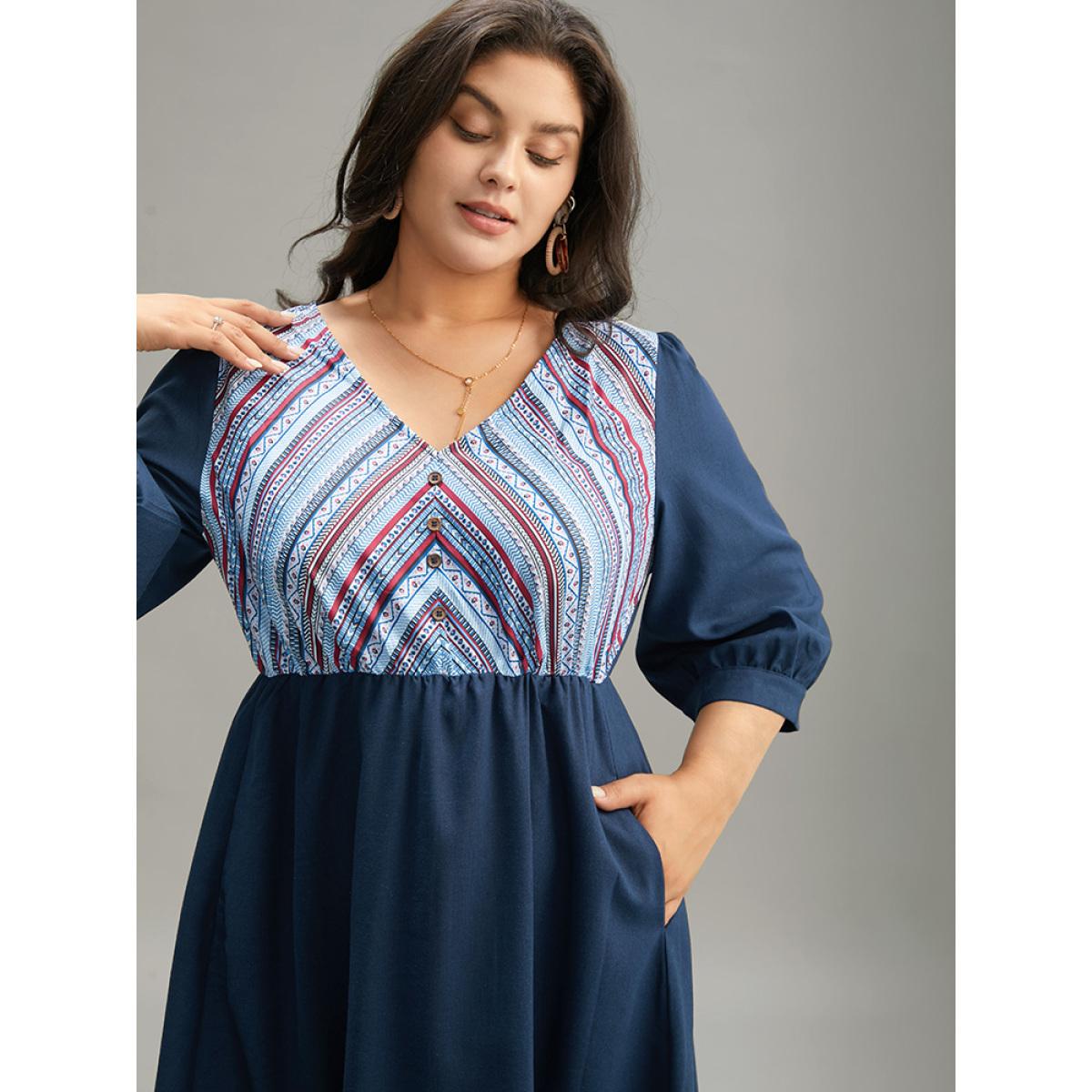 Plus Size Boho Print Striped Patchwork Lantern Sleeve Dress Indigo Women Vacation Printed V-neck Elbow-length sleeve Curvy Midi Dress BloomChic 22-24/3X Product Image