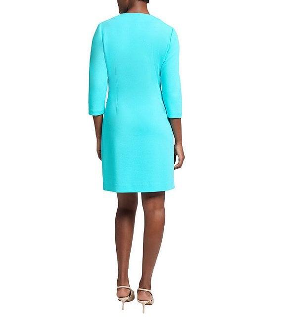 Ming Wang Contrast Panel Soft Knit Split Round Neck 3/4 Sleeve Sheath Dress Product Image