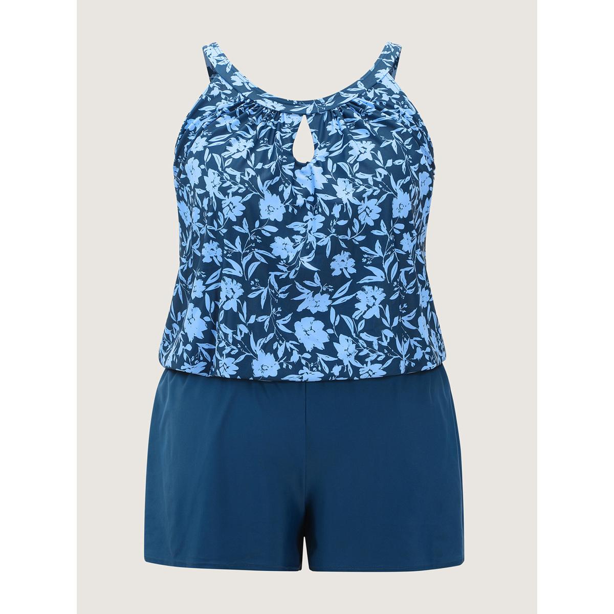 Plus Size Floral Print Keyhole Pockets Swim Romper Women's Swimwear Deeppurple Resort Pocket Curve Bathing Suits High stretch One Pieces BloomChic 10/M Product Image