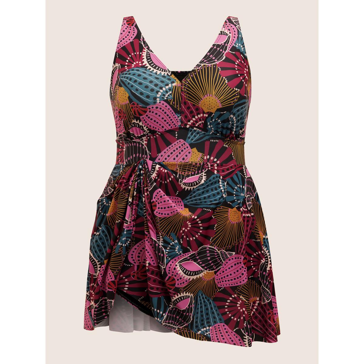 Plus Size V Neck Marine Elements Print Swim Dress Women's Swimwear Multicolor Beach Bodycon V-neck High stretch Curve Swim Dresses BloomChic 22-24/3X Product Image