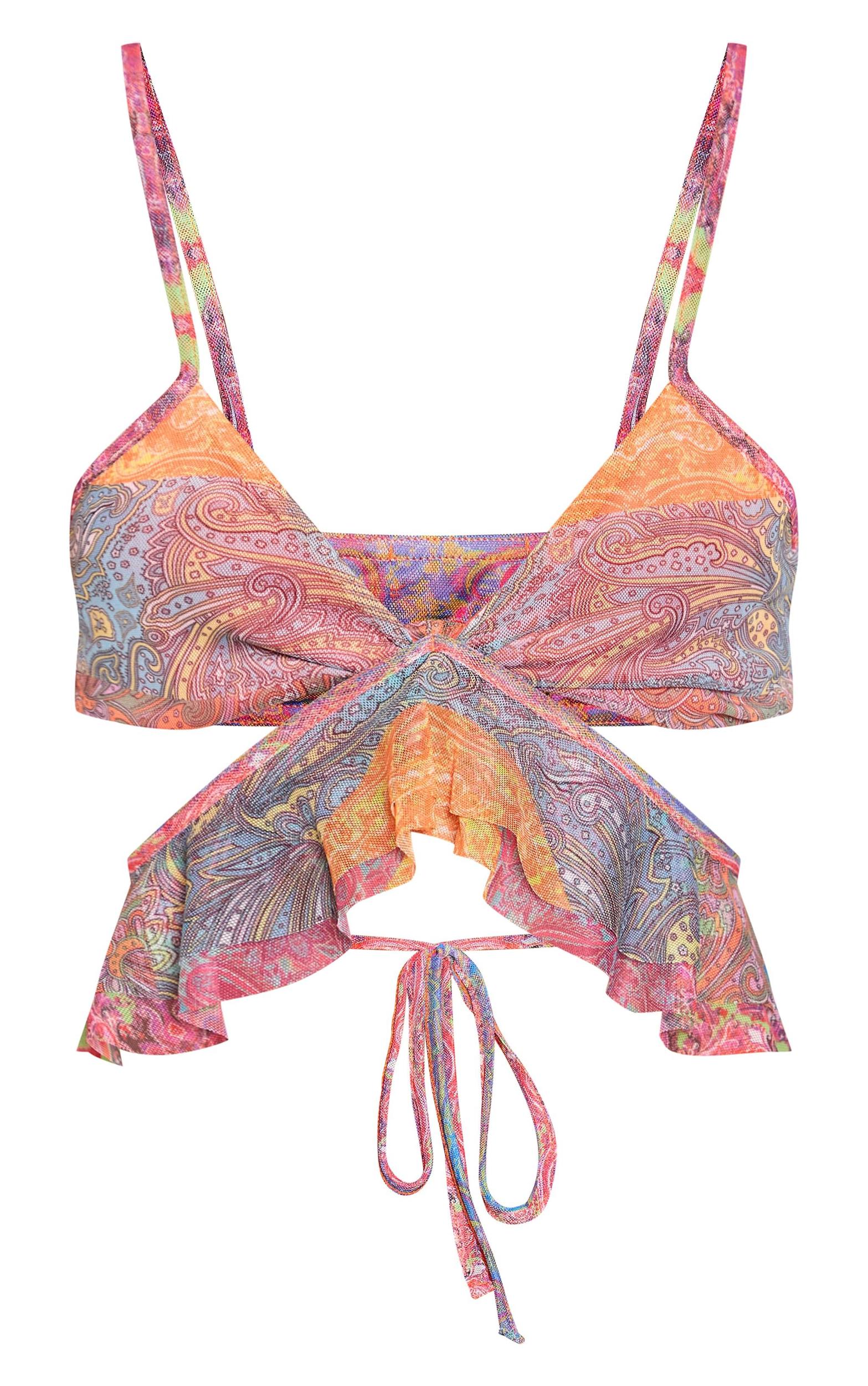 Multi Patchwork Printed Mesh Frill Wrap Detail Crop Top Product Image