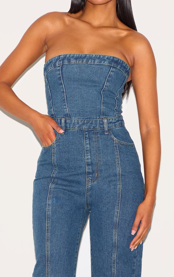 Tall Indigo Vintage Wash Bandeau Style Straight Leg Denim Jumpsuit Product Image